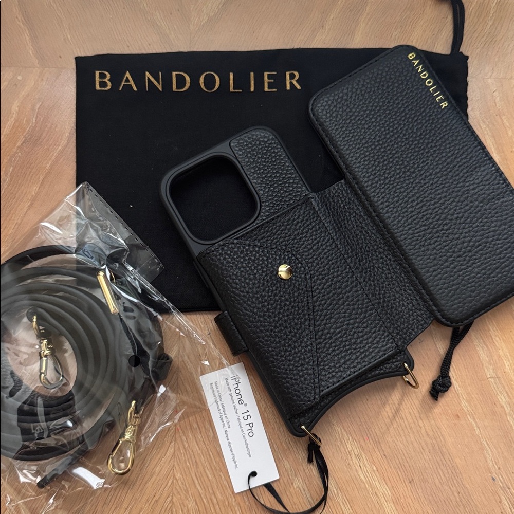 NEW • Bandolier Hailey Folio Crossbody Black Leather iPhone 15 Pro Case/Wallet